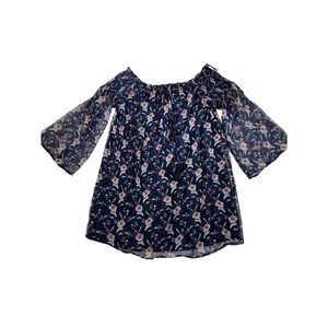 Hommage Los Angeles Navy Blue Floral Off Shoulder Bell Sleeve Boho Dress Small